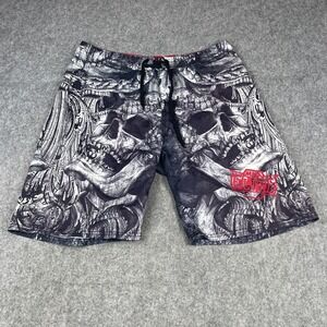 MMA Elite Shorts Men's Black Gray Fight Board Shorts Skull Graphic Size Large